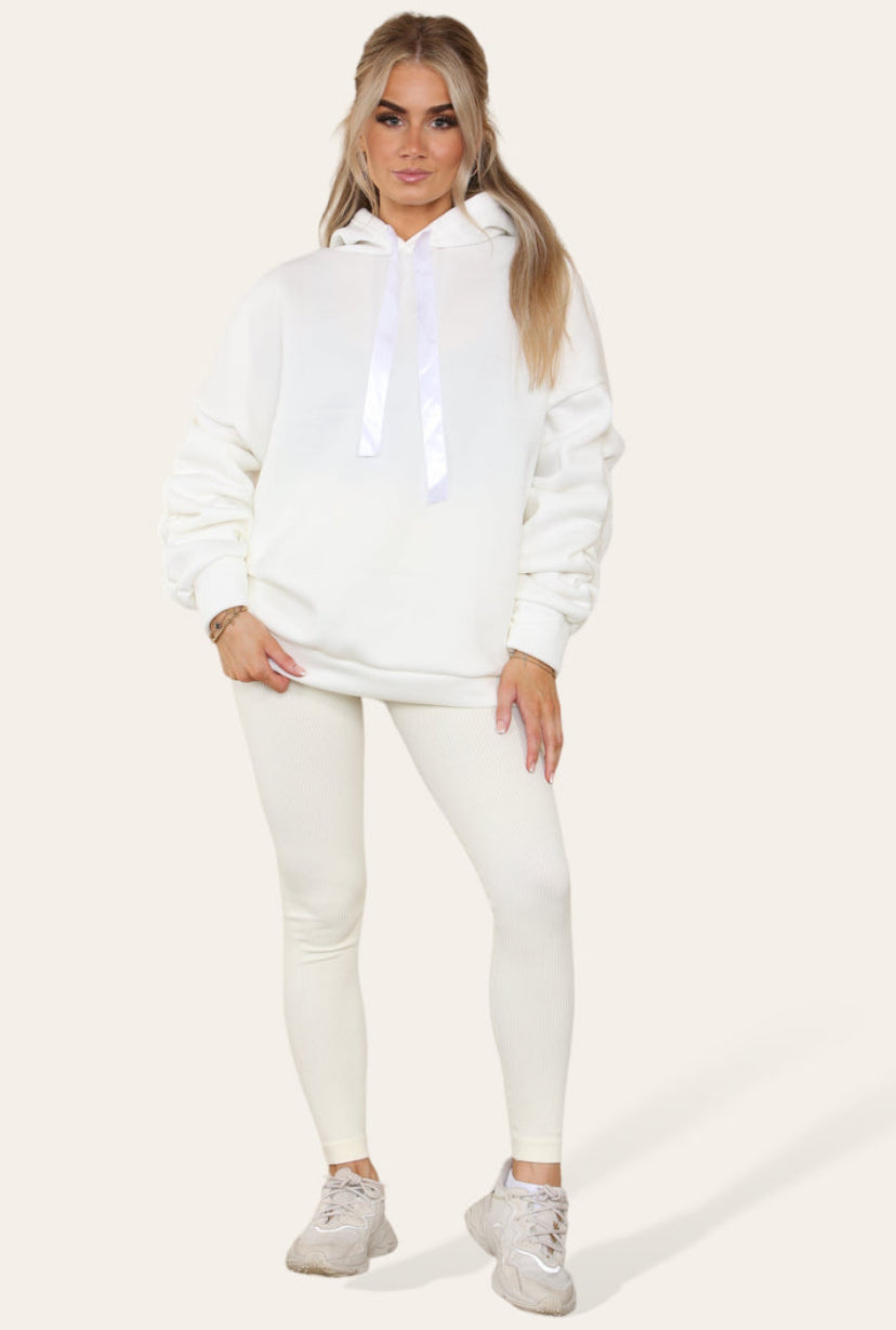 Oversized Ruched Sleeves Hoodie With Satin Ribbon