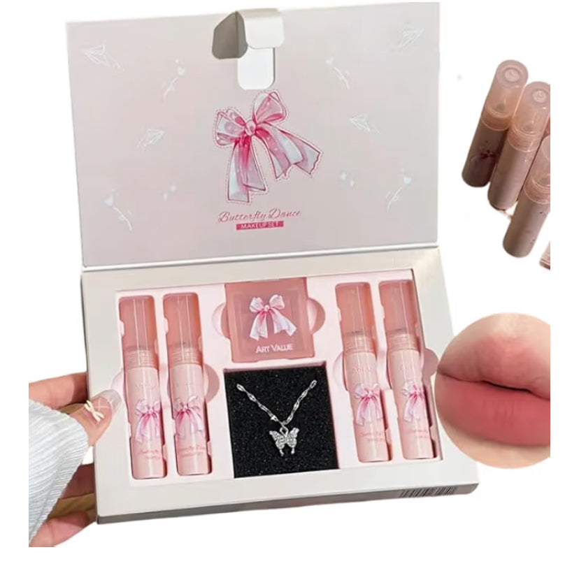 Butterfly-Themed Makeup Gift Set - 6pcs with Long-Lasting Lip Gloss (4), Blush, & Necklace - Make Up Kits for Teenagers, Makeup Gift Set for Girls, Women & Teens - Perfect for holidays