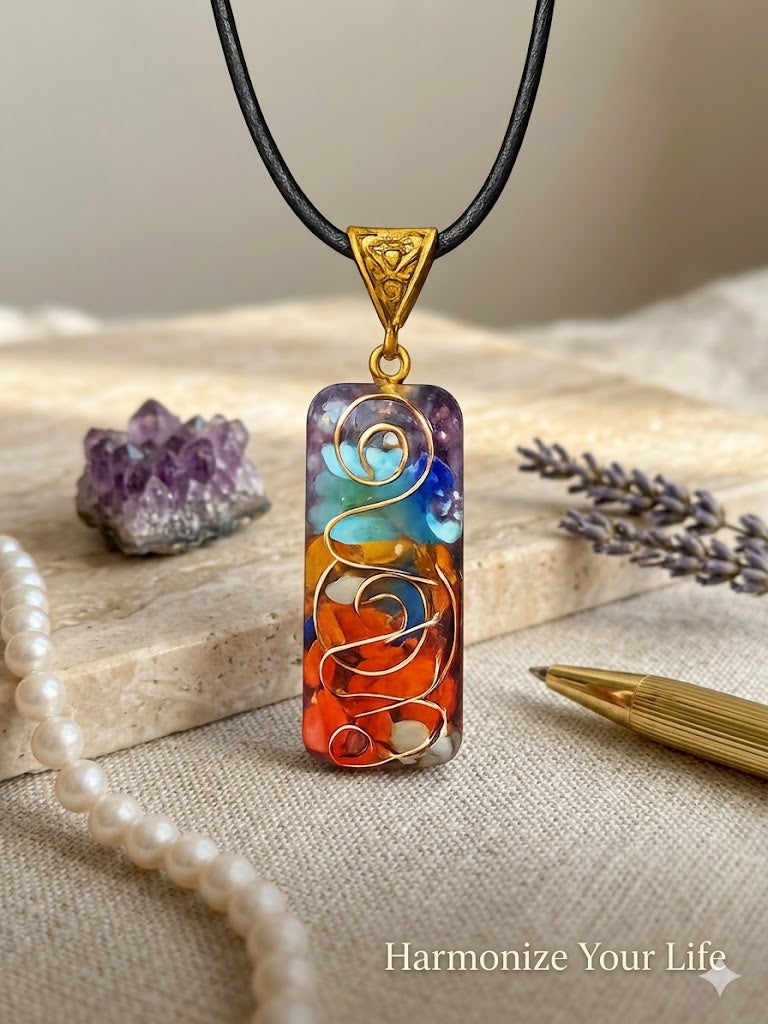 7 Chakra Orgone Healing Pendant with Copper Spiral