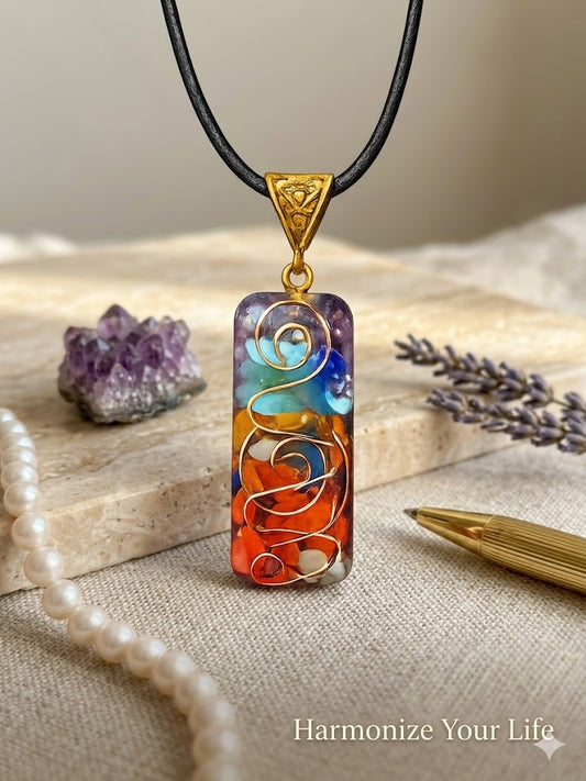7 Chakra Orgone Healing Pendant with Copper Spiral