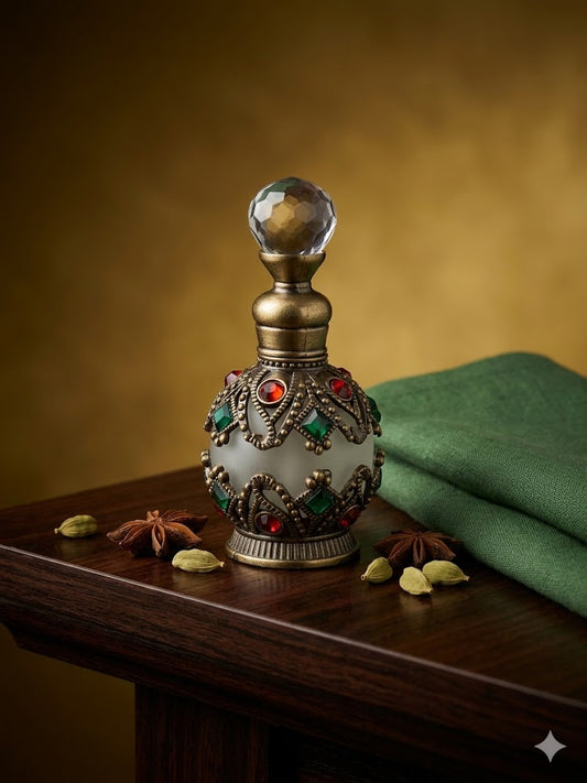 Round Antique Copper Jewelled Perfume Bottle with Red and Green Stones