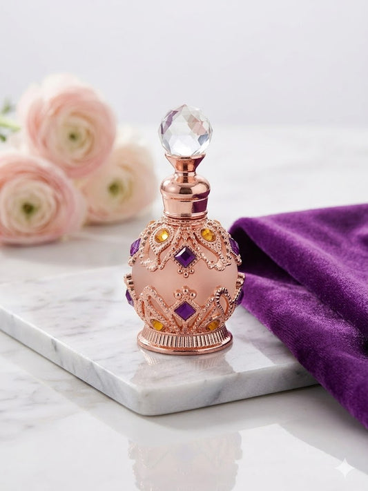 Round Rose Gold Jewelled Frosted Perfume Bottle with Purple and Yellow stones