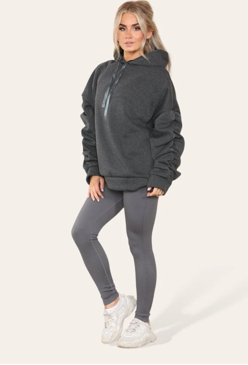 Oversized Ruched Sleeves Hoodie With Satin Ribbon