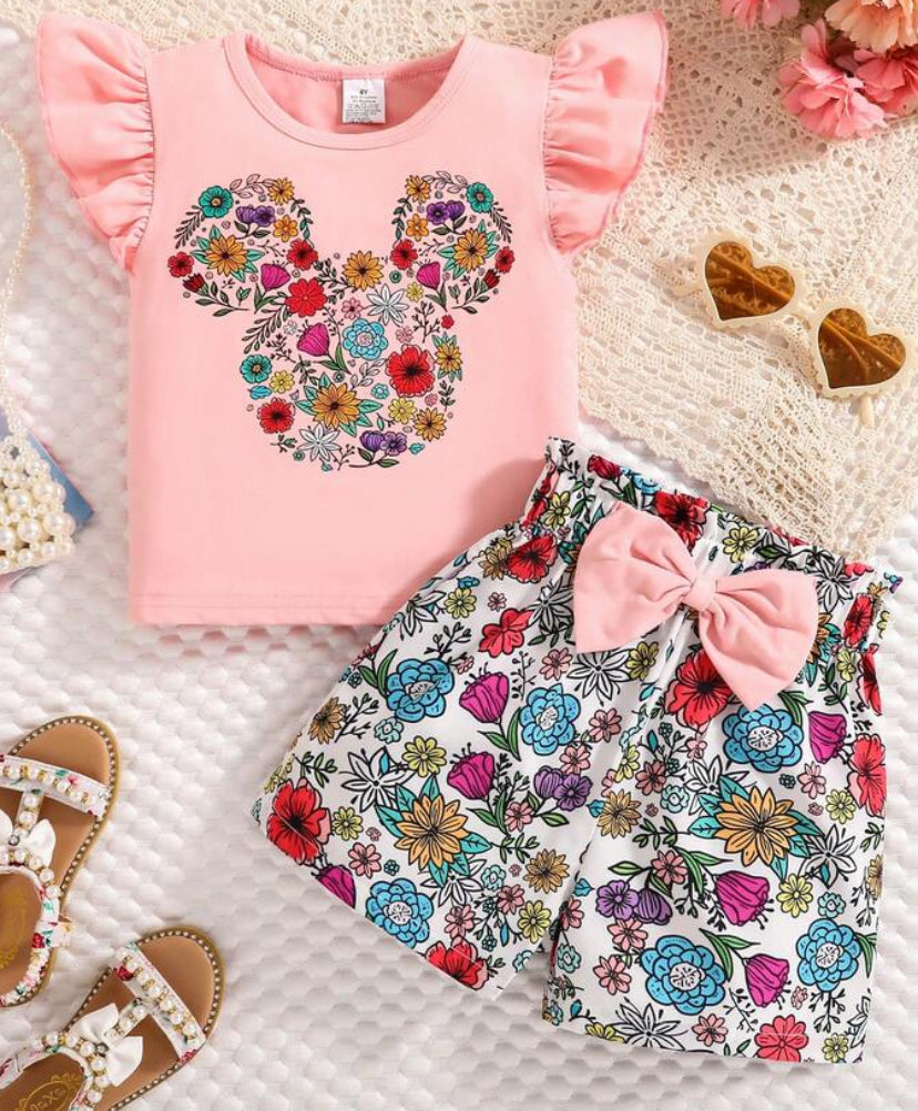 Disney Young Girls' Floral Print Sleeveless Top And Shorts Set