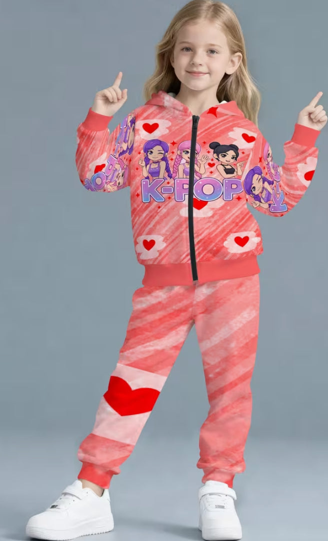Girl Pink Sweet Girl KPOP Hoodie Set Cartoon Girl Group Printed Zipper Hoodie+Gradient Pants 2pcs Set, Perfect for Outdoor
