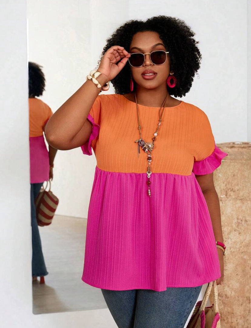 Plus Size Women Contrast Color Round Neck Loose Fit Smock Blouse,Country Casual Vacation Woman