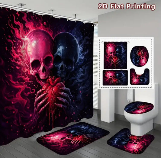4pcs Skull And Heart Shower Curtain Set, Dark And Fiery Skull Bathroom Decor, Additions with, U-Shaped, Toilet Lid Cover, Curtain