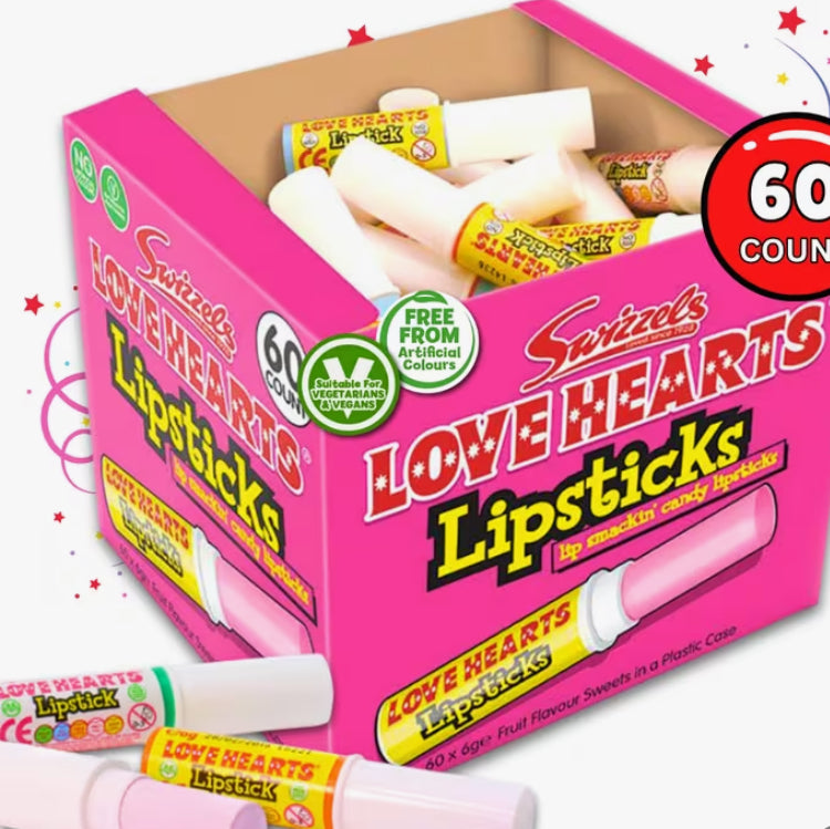 Swizzels Love Heart Sweets Candy Lipstick, Love Hearts Retro Sweets, Sour Sweet, Bulk Sweet, Fizzy Swizzels Sweeties, Candy for Party Bags, for Kids, Teens, Birthday Party Bags, Wedding Favours, 60pcs