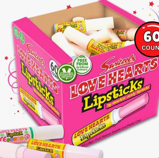 Swizzels Love Heart Sweets Candy Lipstick, Love Hearts Retro Sweets, Sour Sweet, Bulk Sweet, Fizzy Swizzels Sweeties, Candy for Party Bags, for Kids, Teens, Birthday Party Bags, Wedding Favours, 60pcs
