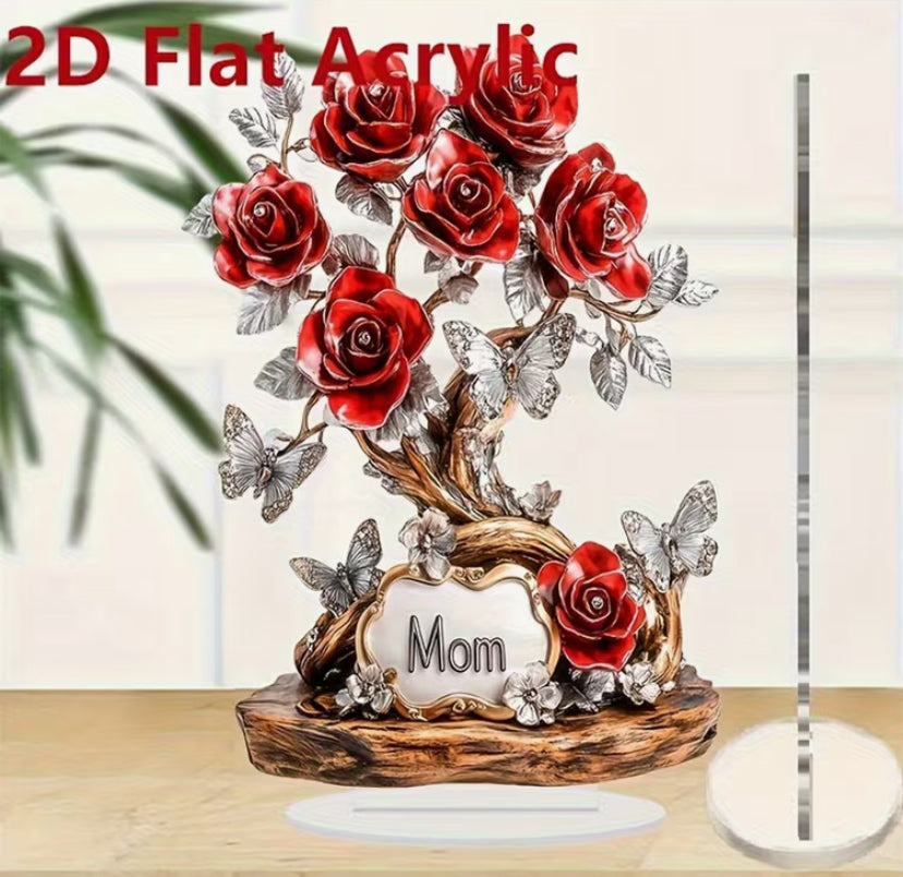 2D Flat, Elegant 2D Resin Rose Decoration with Butterfly - "Mom" Heart-Shaped Plaque, Modern Home Decor, Perfect Mother's Day Gift for Dining Table or Living Room, Floral Ornament, 2D Flat