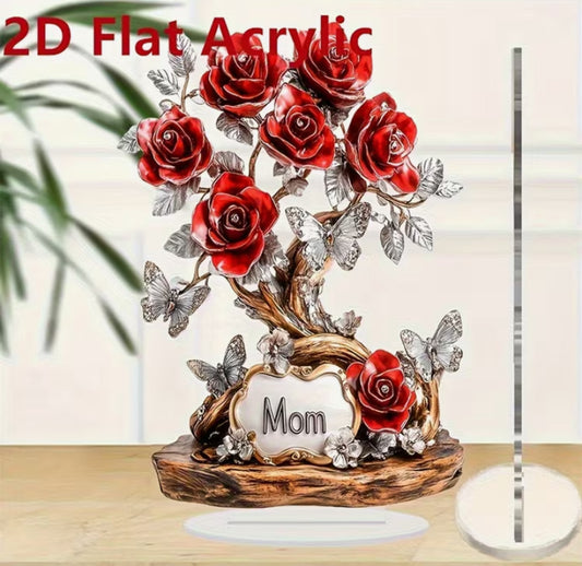 2D Flat, Elegant 2D Resin Rose Decoration with Butterfly - "Mom" Heart-Shaped Plaque, Modern Home Decor, Perfect Mother's Day Gift for Dining Table or Living Room, Floral Ornament, 2D Flat
