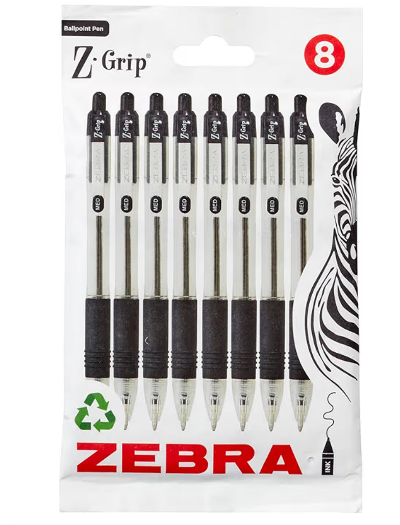 Zebra Pen Z Grip Black Ballpoint Pens with Pocket Clip 8pk,
