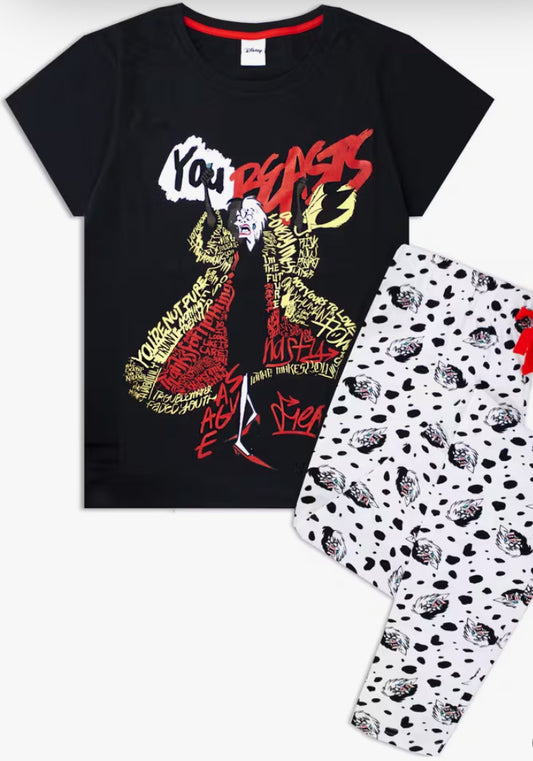110 Dalmatians Cruella De Vil You Beasts Women'S Lounge Pants & T-Shirt Pyjama Set Black