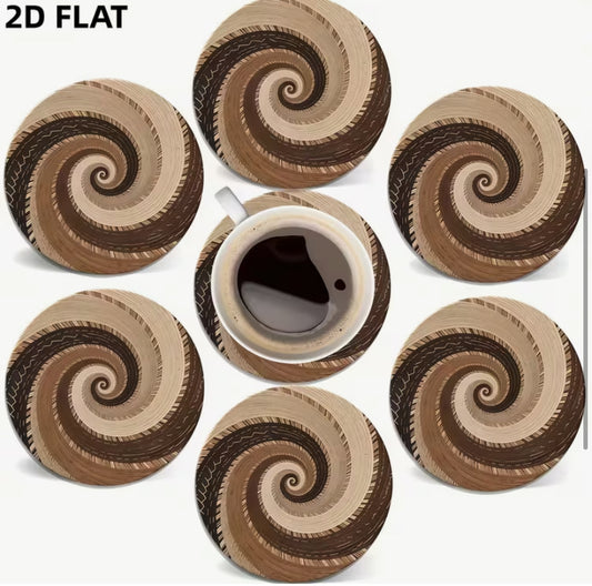 1 Set Home Goods 6 pcs Round Wooden Coasters - Wood Grain Spiral Printed Coasters - 10.16 cm 2D Flat Coffee Hot Drink Coasters