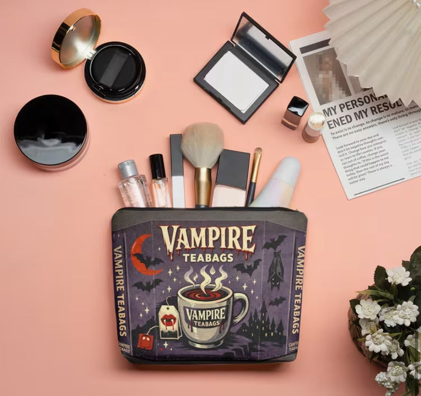 Makeup Bag 1 pc, Illustrated Vampire Themed Tea Cosmetic Bag, Lightweight Foldable Generous Capacity Linen Makeup Bag, Zipper Closure, Birthday Or Graduation Present, Travel Pouch, Double Sides Same Print