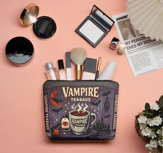 Makeup Bag 1 pc, Illustrated Vampire Themed Tea Cosmetic Bag, Lightweight Foldable Generous Capacity Linen Makeup Bag, Zipper Closure, Birthday Or Graduation Present, Travel Pouch, Double Sides Same Print