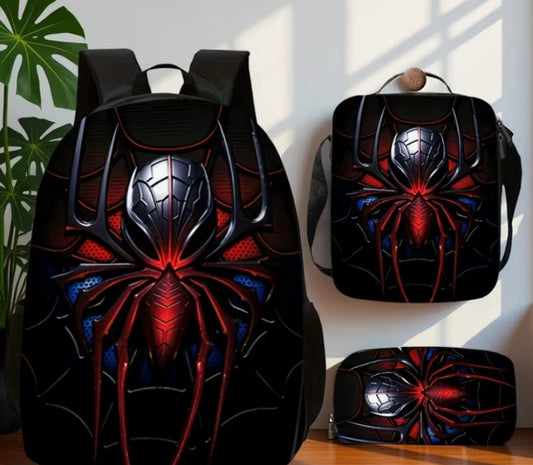 3pcs Backpack with Red Spider Print - Lightweight School Travel Camping Backpack Suitable for School, Travel, Camping - 3pcs (Backpack, Crossbody Bag & Pen Case)