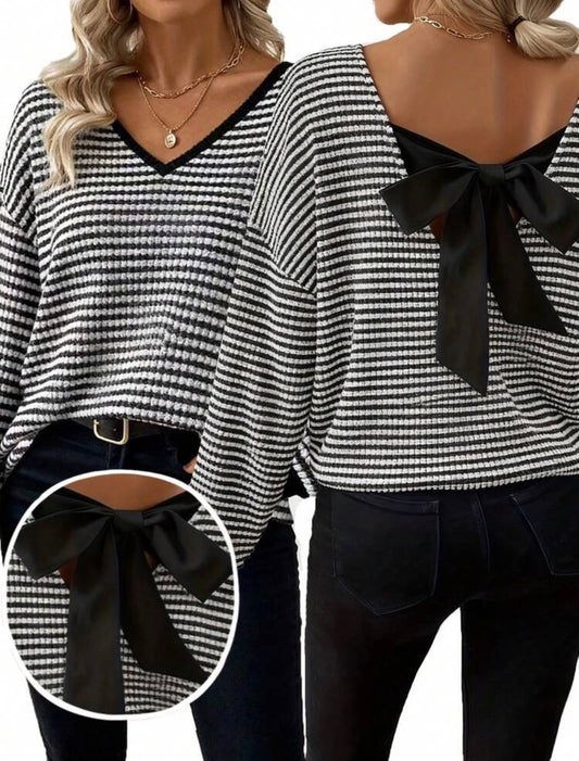 Women's Black & White Striped Long Sleeve Knit Top, V-Neck, Backless Design With Cute Bow Decor