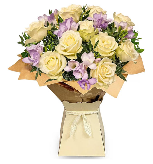Rose & Freesia Bouquet With White Roses, Lilac Freesia & Foliage - Gift For Birthday, Anniversary, Thanks