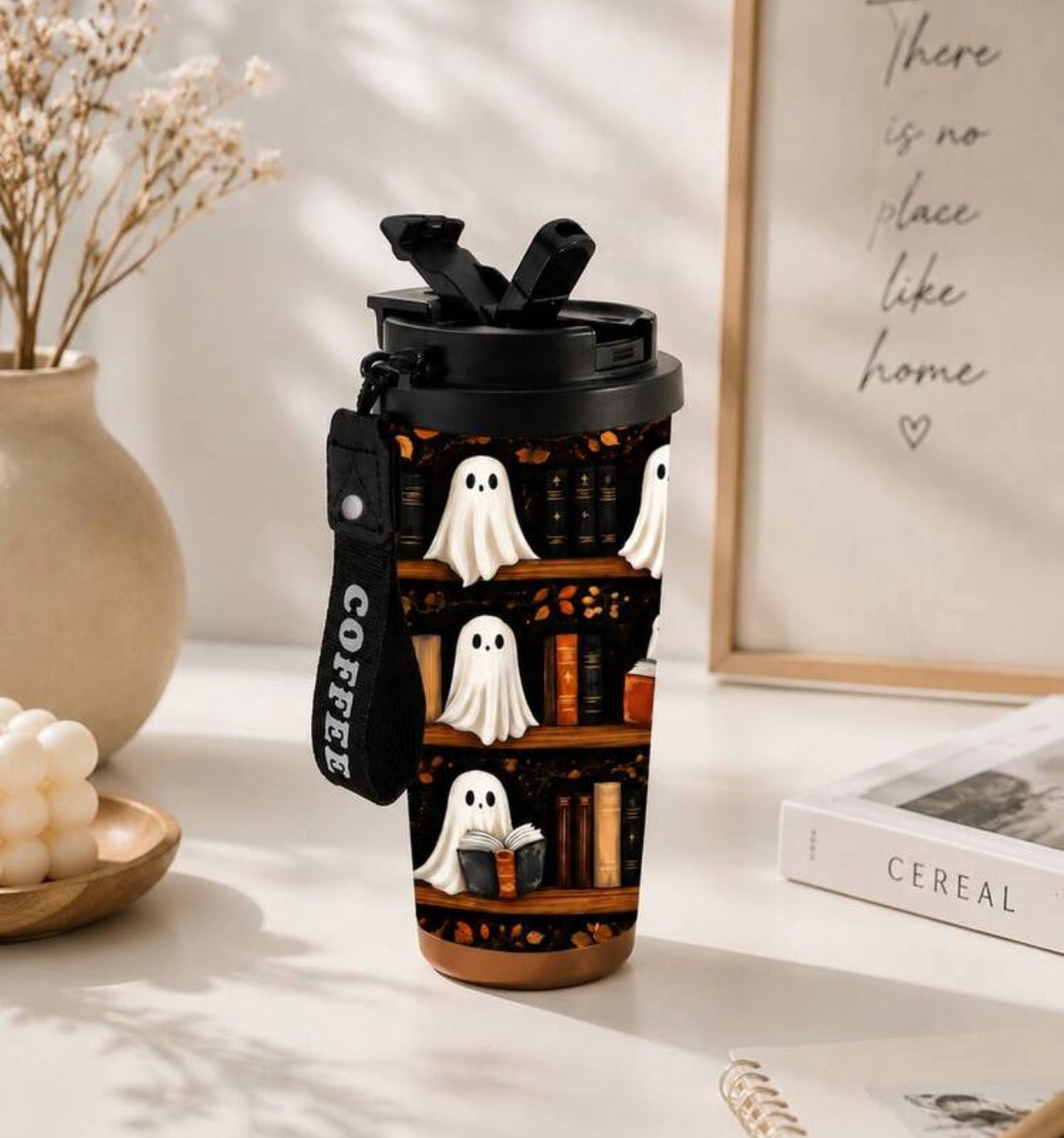 18oz Ghost Tumbler With Straw, Halloween Insulated Travel Cup