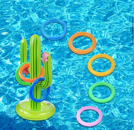 [Carnival Ring Game] Inflatable Cactus Ring Toss Game Set, Featuring Floating Swimming Rings to Throw At, Includes an Inflatable Cactus And 4 Colorful Rings Suitable for Carnival Party Decorations.
