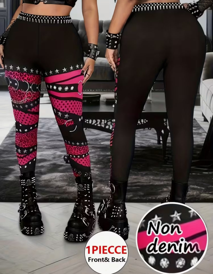 Plus Size Women's High-Waisted Punk Gothic Butt-Lifting Tummy Control Leggings - Stretchy Pants with Spiked Belt-Style Waist and Thigh Print