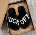 1 Pair Black Fluffy Slippers With Crossed Straps, Pearl & Rhinestone Letter Decor