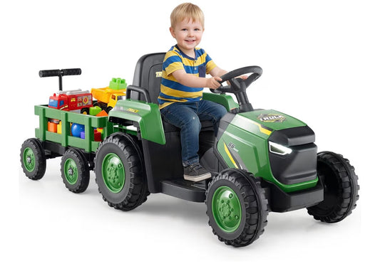 Maxmass Kids Ride on Tractor and Trailer, 12V Battery Powered Electric Construction Toy Car with Remote Control, USB, LED Headlights, Horn, Children Ride on Bulldozer for 3-8 Years Old (Dark Green)