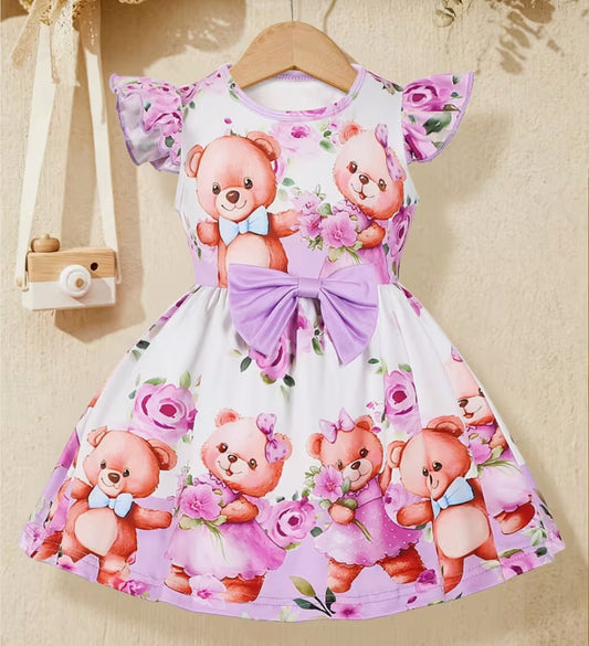 Pink Girls' Cute Floral Cartoon Bear Print Round-neck Knit Dress