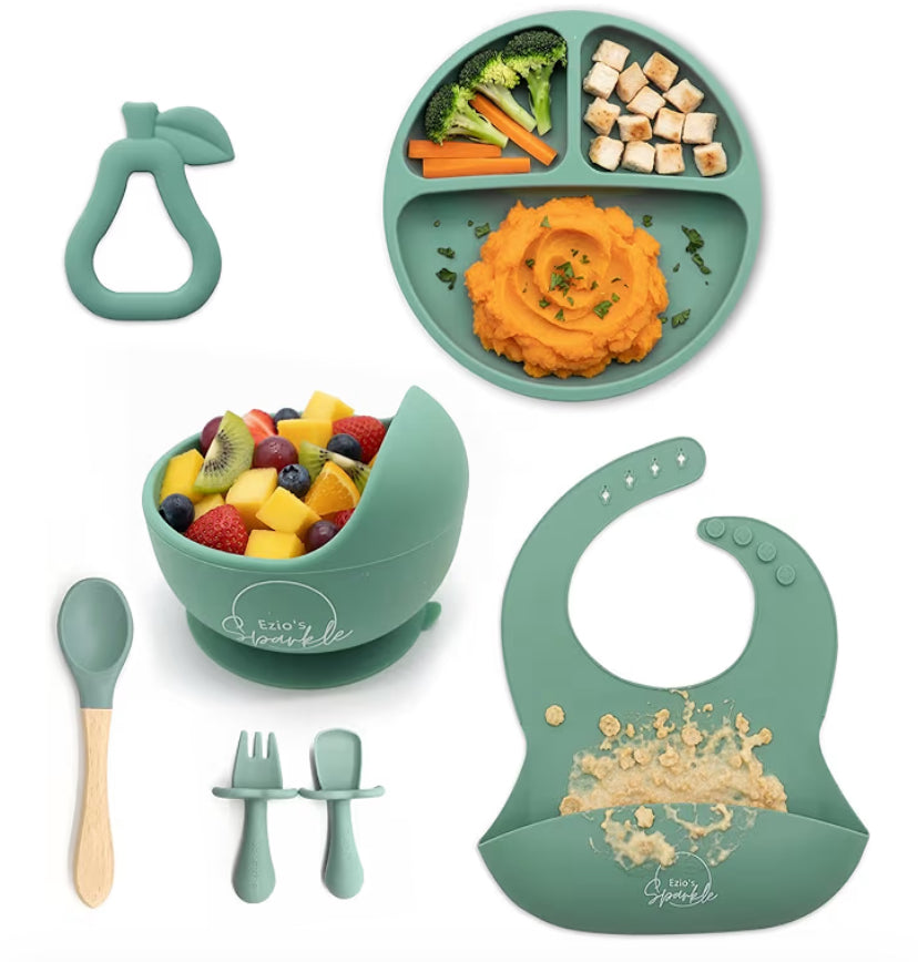 7-Piece Baby Weaning Set – BPA-Free setslicone Strong Suction setsd Plate, Teather, Baby Bowls w/Extended Curved Lip, Baby Spoons, Baby Bibs w/Catcher – Micro & Dishwasher Safe Toddler Cutlery Set