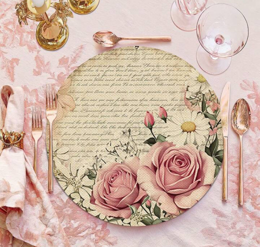 Pink Rose Pattern Linen Placemats, Round Floral Woven Dining Table Mats