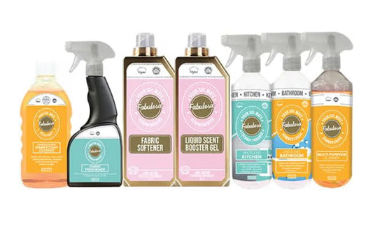 Fabulosa All-in-One General Household Cleaning Bundle, Cleaners and Fresheners, Antibacterial Sprays and Disinfectants Long Lasting Fabric Softener and Liquid Scent Booster Gel, 7 Pack, Sol Mate