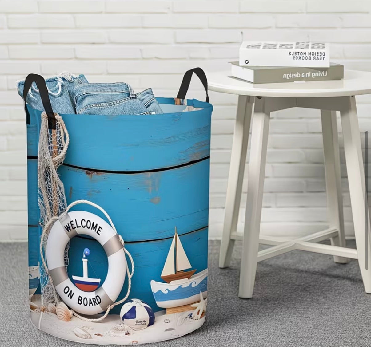 1 Laundry Hamper with Coastal Nautical Pattern, Large Capacity Foldable Laundry Basket with Handles