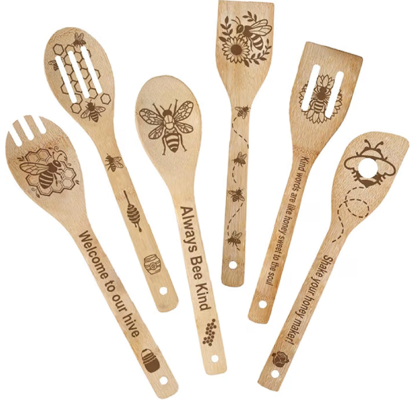6Pcs 6 Styles Skull Cooking Utensils Bamboo Kitchen Spoons