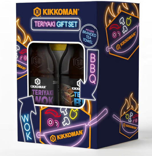 Kikkoman Teriyaki Gift Set – Garlic Sauce 250ml & Korean BBQ Sauce 250ml with Tea Towel – Marinade – Stir Fry, BBQ – Sweet & Savoury