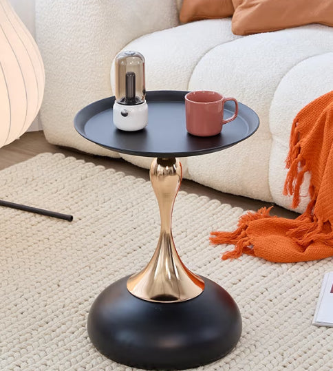 Modern Round Side Table with Gold Pedestal Base, Black Metal Top, Accent End Table for Living Room