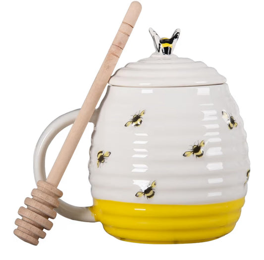 Bee Honey Pot and Drizzler, Ceramic Honey Jar with Dipper - Porcelain Honey Storage Jar in Bee Hive Design with Lid for Home and Kitchen Use