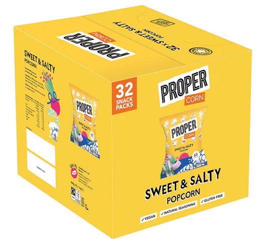 PROPER Sweet & Salty Popcorn, Natural Sea Salt and Demerara Sugar Seasoning, Vegetarian, Gluten-Free, Hand-Popped Corn, 65 kcal, 14g, Box of 32