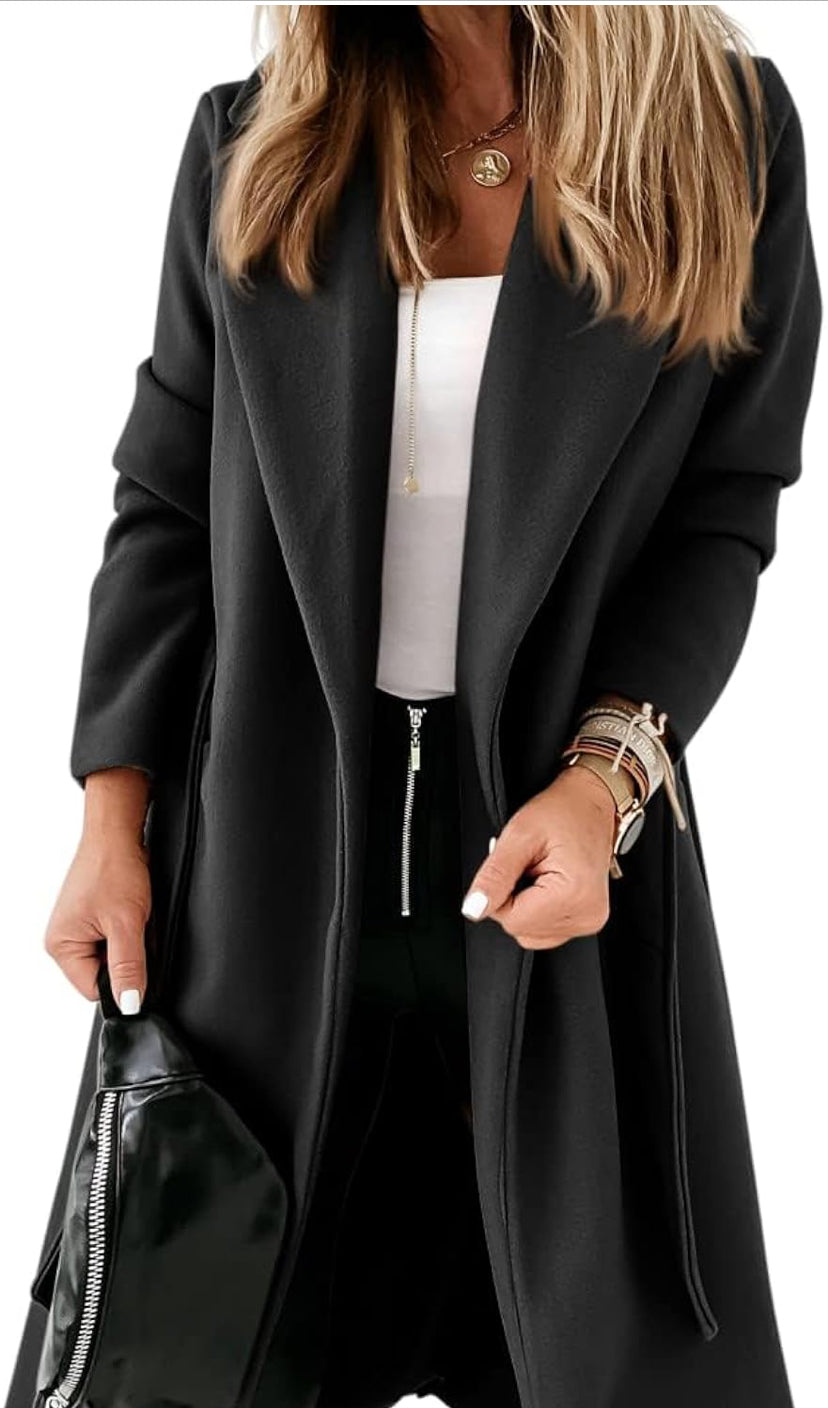 Womens Classic Notched Lapel Collar Coat Open Front Belted Long Jacket