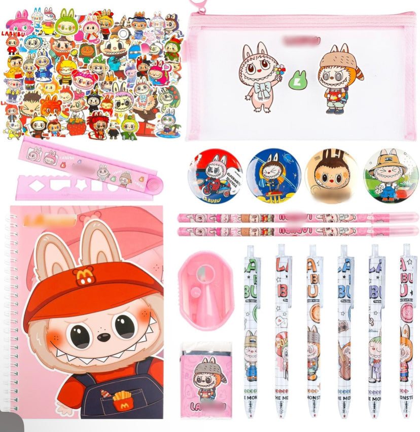 Cute Stationary Set, Kawaii School Supplies with Notebook Pencil Case Stickers Ruler Gel Pens Pencils Eraser Sharpener Badges Sticky Note, Back to School Gift for Girls Boys Kids Students(Pink)
