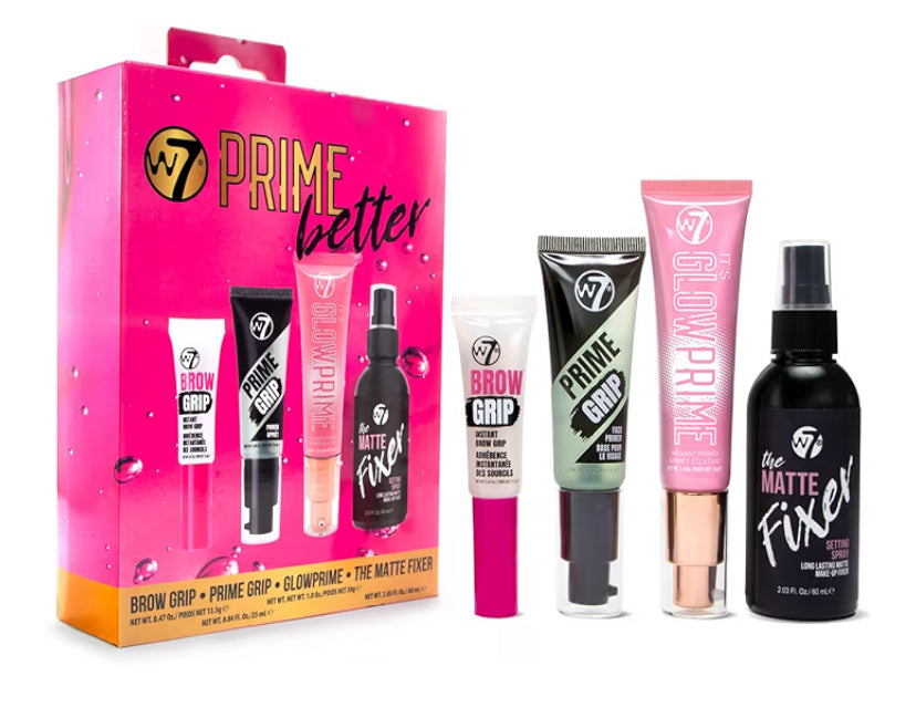 W7 Prime Better Set - 4 Piece Makeup Prime & Set Collection with Primer, Fixer, Glow & Brow Grip