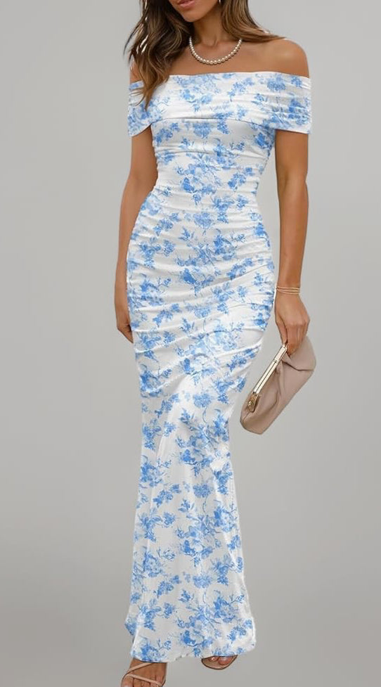 Women's Mesh Floral Maxi Dress. Summer Off The Shoulder Ruched Bodycon Long Cocktail Party Fitted Dresses