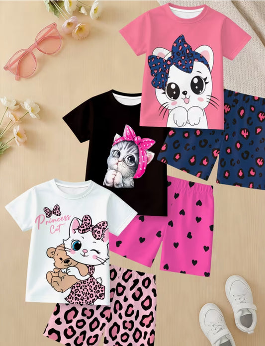 3pcs 6pcs Girls' Short Sleeve Shorts Set, 3D Printed Cat with Bow Tie Pattern Short Sleeve T-Shirt and Shorts Set, Fashionable Summer Outfit for girls