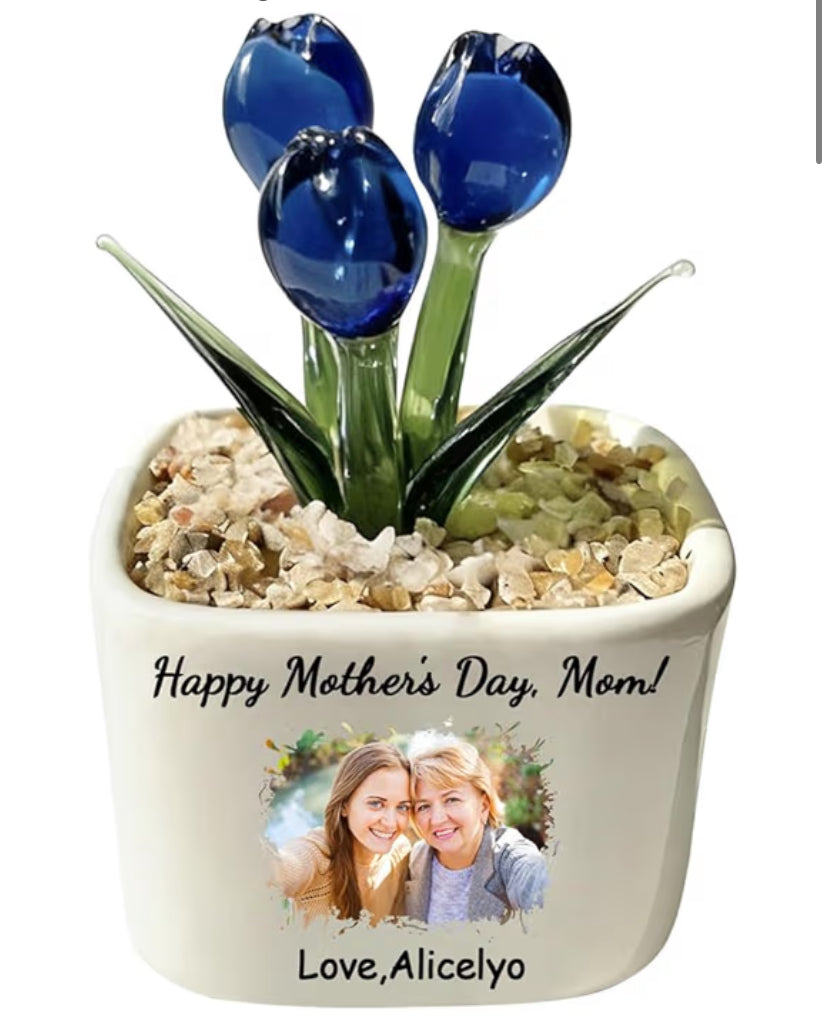 Personalized Name Flowers Double Side Home Decor To Mom Customized To My Daughter Decoration Glass Tulips Potted Plants Custom Glass Everlasting Tulips Pot With Mom And Daughter Cartoon Figure