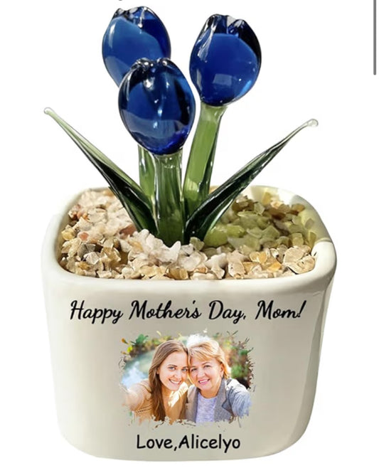 Personalized Name Flowers Double Side Home Decor To Mom Customized To My Daughter Decoration Glass Tulips Potted Plants Custom Glass Everlasting Tulips Pot With Mom And Daughter Cartoon Figure