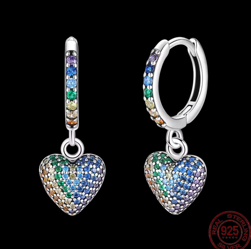Sterling Silver Valentine's Day Love Pink Rainbow Series Shiny Zircon Earrings