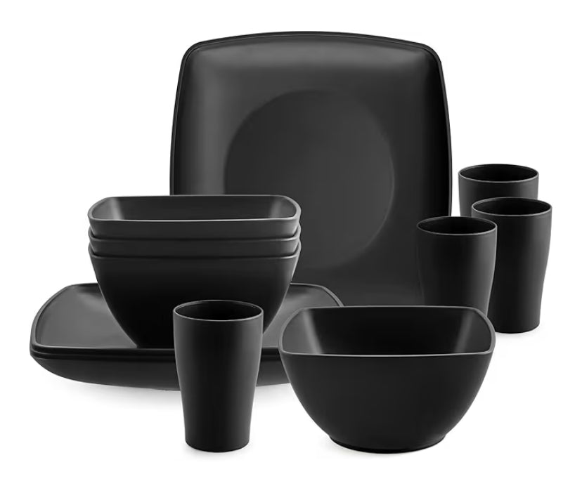 HOMGEN 12PCS Plastic Plates and Bowls Set - Unbreakable Tableware Set for Camping - Reusable Kitchen Plates Bowls Cups - Microwave & Dishwasher Safe Dinner Set - Picnic Dinnerware Service for 4(Black)