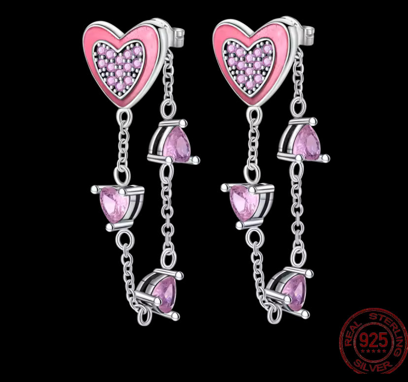 Sterling Silver Valentine's Day Love Pink Rainbow Series Shiny Zircon Earrings
