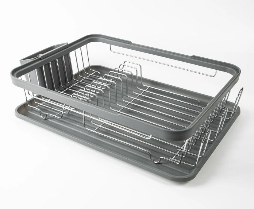 Grey or Black Kitchen Dish Drainer Rack with Plastic Drip Tray Cutlery Holder