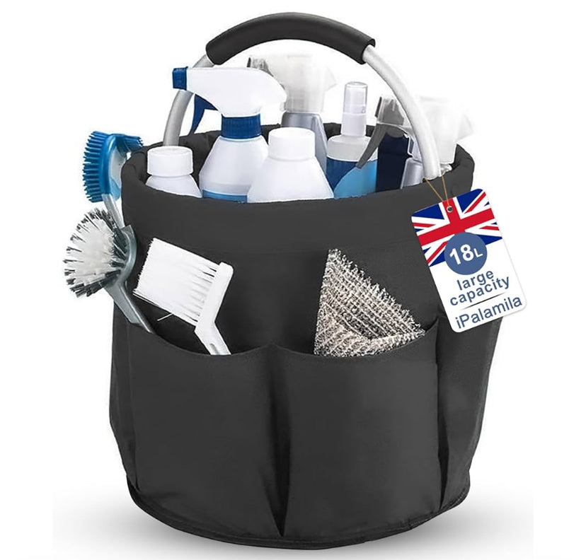 iPalamila Foldable Waterproof 18L Cleaning Caddy with Handle - Multi-Purpose Heavy Duty Organiser Bag for Home, Kitchen, Bathroom, Office & Professional Cleaning Supplies (black)